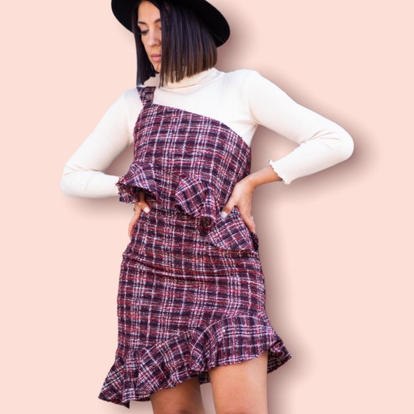 By Egreis Alexa Tweed Plaid One Shoulder Dress Women's Size XXL